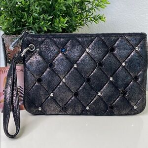 Betsey‎ Johnson Glam Black Studed Quilted Clutch Wristlet Pewter
